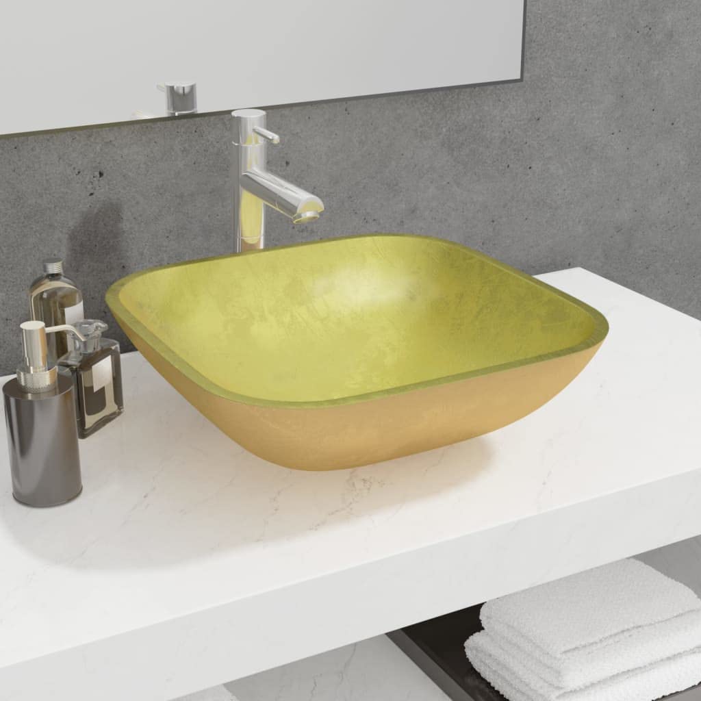 Lavabo de cristal dorado 42 x 42 x 14 cm – Lavabo redondo para baño y aseo de invitados – Diseño elegante lavabo de cristal templado sin rebosadero – moderno lavabo de baño