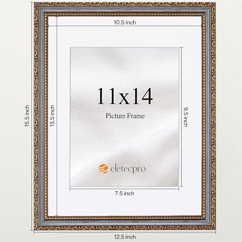Image of eletecpro 11x14 Vintage Picture Frame, Glass Cover, Blue Gold, 2-Pack | Display Photo 8x10 with Mat or 11x14 without, Horizontal or Vertical, Tabletop or Wall Decor