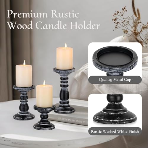 Inweder Wood Pillar Candle Holder: 3Pcs Rustic Black Candle Holders for Pillar Candles Wood Candle Holders Distressed Wooden Farmhouse Candle Holder Large Rustic Candle Holder for Fireplace Table by Inweder - Image 4