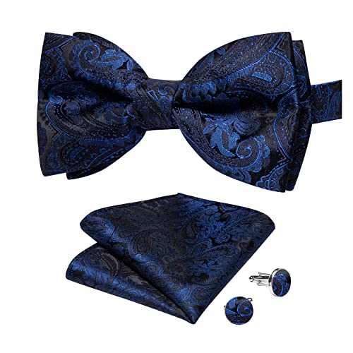 Image of DiBanGu Paisley Pre-Tied Bow Ties for Men Silk Adjustable Bowtie and Pocket Square Cufflinks for Wedding Party
