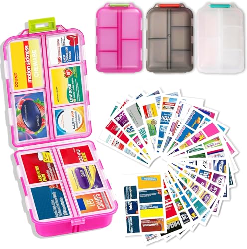 Image of 3 Pack Extra Large Pill Organizers with Medicine Labels, Pink White Grey | Includes 3 extra large cases with 3x161 labels and 10 compartments each for 7-day planning and travel