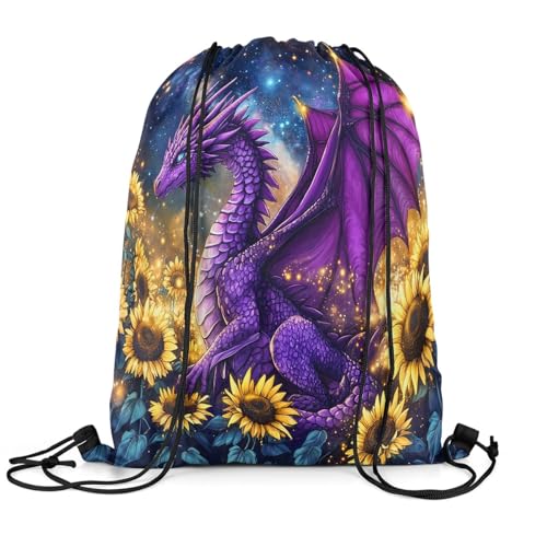 Erosebridal Dragon Drawstring Backpack 13x15.7, 3D Sunflower Safari Printed Drawstring Bags For Sport Gym, Galaxy Wildlife Foldable Draw String Back Bag, Yellow Purple Stars Animals String Backpack