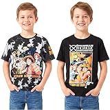 One Piece Camiseta Niño Manga Corta, 2 Pack, 7-14 Años, 100% Algodón, Camisetas Chico Ropa de Verano, Regalos para Niños (11-12 Años, Negro/Multi One Piece, 2 Paquete)