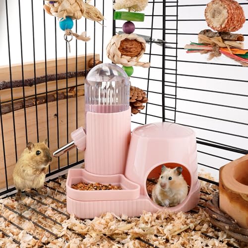 Image of 3 in 1 Multifunctional Hamster Water Bottle No Drip Gerbil 100ML Water Bottle Dispenser with Food Bowl Small Animal Auto Dispenser with Hideout Base Hamster Cage Accessories (Pink)