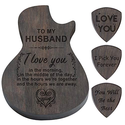 Engraved Black Guitar Pick Box Holder with 3 Pack Wooden Guitar Picks, Personalized Wood Guitar Picks Box For Men, Plectrum Container for Guitar Standard Picks (For Husband)