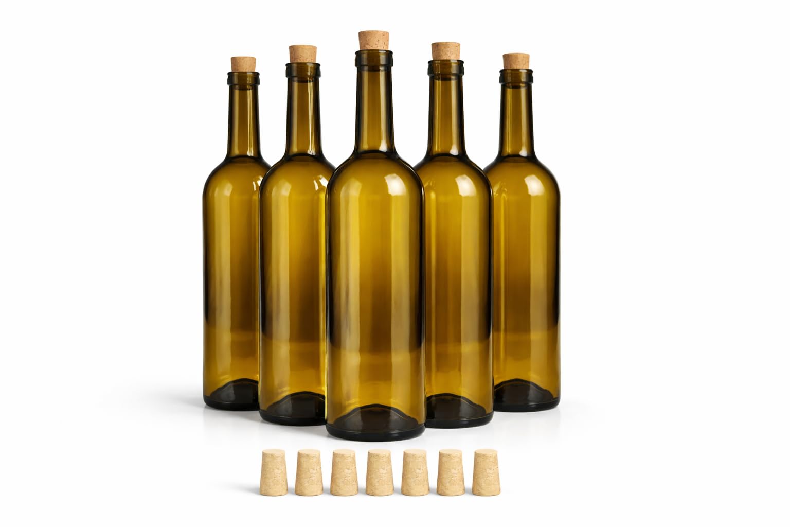Botellas Cristal Vacías para Vino 750 ml Ámbar/Canela con Corcho Cónico Natural – Pack 6 – Tipo Bordelesa – Reutilizables para Vino Casero, Licores, Aceites y Vinagres