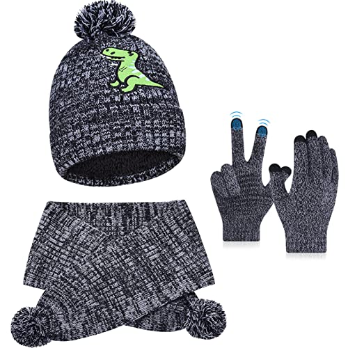 Garçons Gants Bonnet Écharpe Ensembles : Gants épais à écran tactile pour enfants de 5 à 10 ans Gris Léger Cyclisme Sport Mitaine Bonnet tricoté chaud pour enfants