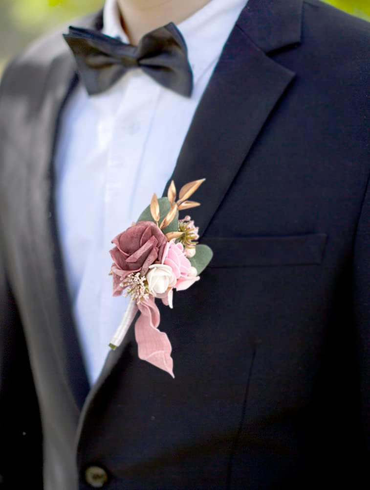 Ansofi Dusty Rose Boutonniere for Men Wedding with Pins Set of 6 Groom and Groomsmen Boutonniere for Wedding Ceremony Anniversary, Dinner Party, Prom Flowers and Fall Vintage Wedding