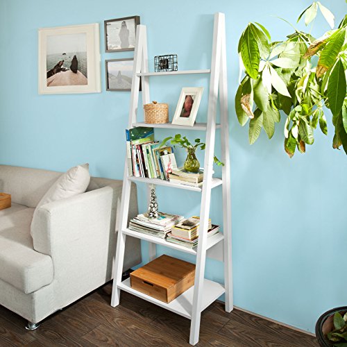 Haotian FRG61-W, Modern 5 Tiers Ladder Shelf Bookcase, Wood Storage Display Shelving, Wall Shelf, W64xD39xH180cm, White