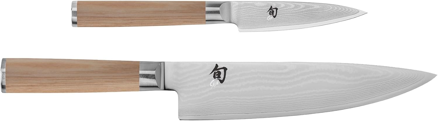 Shun Classic 2 Piece Starter Set, Includes 8" Chef and 3.5” Paring Knives, Handcrafted Japanese Knife Set, VG-MAX Core with Damascus Stainless Steel Cladding, Pakkawood Handle - Thumbnail 2