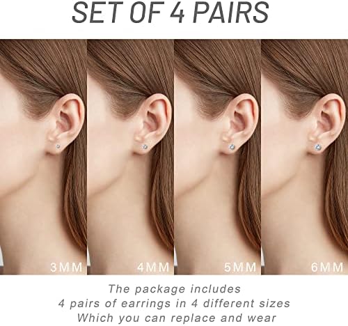 4 Pairs Silver Stud Earrings 925 Sterling Silver Cubic Zirconia Stud Earrings Set, Hypoallergenic Small Sleeper Cartilage Studs, Size: 3/4/5/6mm