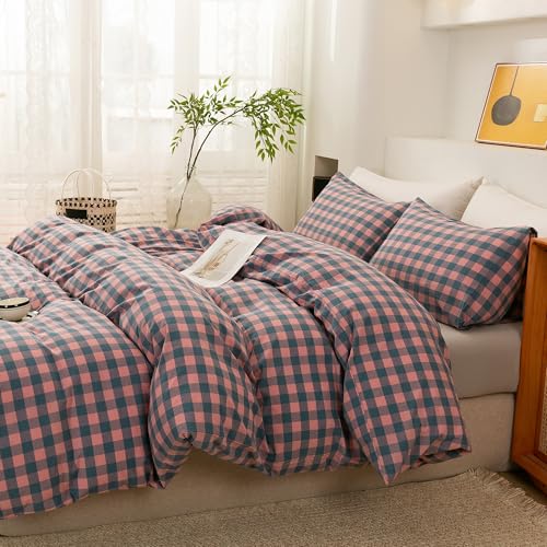 Image of ECOCOTT Duvet Cover Oversized King Size, 100% Washed Cotton Linen-Like Soft & Breathable, Durable Comfy Bedding Set for All Seasons, Purple Pink Plaid
