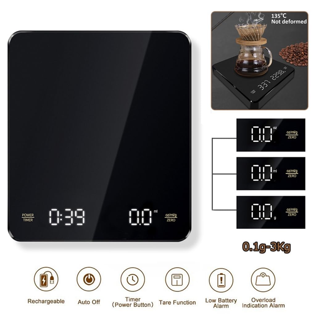 JFDBGU Coffee Electronic Scales Pour Over Espresso 3kg 0.1g LED Auto Timer Smart Kitchen Scale