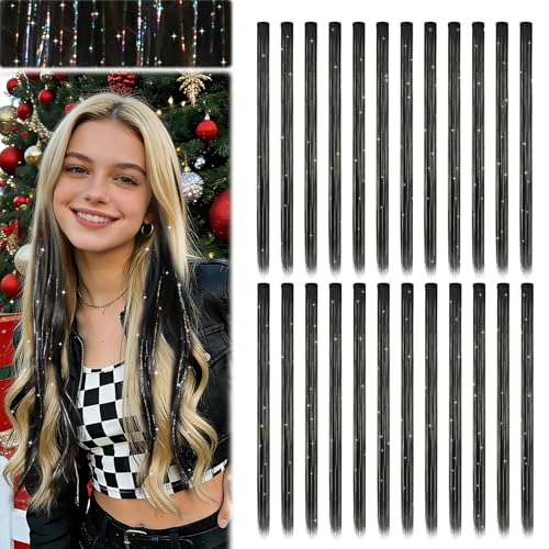 Dreamlover Glitter Tinsel Hair Extensions, No-Tool, Black, 24 Pieces