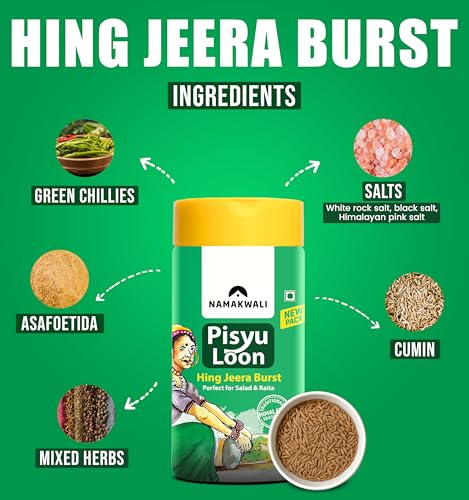 Image of Namakwali Flavoured Pahadi Salt Hing Jeera Burst (Asafoetida and Cumin) Seasoning Pack of 3 - 300 gm | Pisyu Loon Seasoning mix for Popcorn, Noodles, Salad, Raita, Juice, Fruits, Sweet Corn, Makhana and more | 100% Organic, No additives and Preservatives | SharkTank India