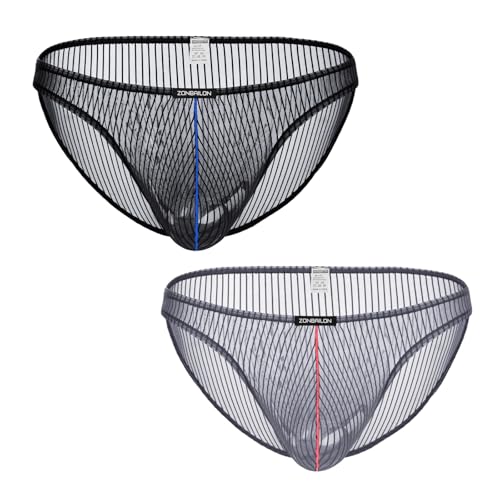 Men's See Through Briefs Sexy Low Rise Underwear Mesh Breathable Stripe Panties for Man