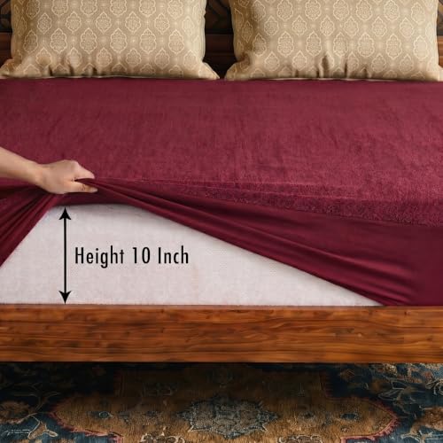 Image of Lithara Terry Cotton Fitted Mattress Protector for Queen /Double Bed | Waterproof & Elastic Band | Ultra Soft & Hypoallergenic Mattress Cover | Size : 66 x 72 Inches (5.5 x 6 Feet) | (Wine Red)