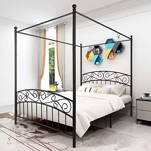 Jurmerry Metal Canopy Bed Frame Four-Poster Bed With Headboard & Footboard Mattress Foundation Sturdy Slatted Structure No Box Spring Needed Easy Assembly, Queen Texture Black #TOP4