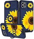 Goocrux (2in1 for iPhone 12 Pro Max Case Sunflower Floral for Women Girls Girly Phone Cover Cute Flowers Design with Slide Camera Cover+Ring Holder Unique Blue Cases for iPhone 12 ProMax 6.7''
