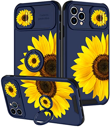 Goocrux (2in1 for iPhone 12 Pro Max Case Sunflower Floral for Women Girls Girly Phone Cover Cute Flowers Design with Slide Camera Cover+Ring Holder Unique Blue Cases for iPhone 12 ProMax 6.7''