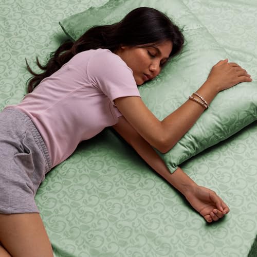 Image of Blue Dahlia 100% Cotton, Queen Size Elastic Fitted Bedsheet (60 inchx78 inch) + 2 Pillow Covers, Fits Upto 10 inch Mattress, 300TC Premium Bedsheet, Blooming Coral Jacquard Pattern - Sage Green