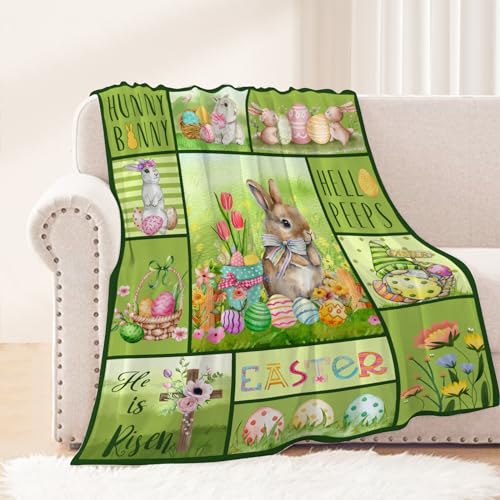 Neatee Living Easter Kids Throw Blanket Small Green Plaid Rabbit Egg Bunny Gnome Blanket Spring Flower Floral Blanket for Girls Boys Child Baby Bed Couch Soft Fuzzy Fleece Blankets Gift 40x50