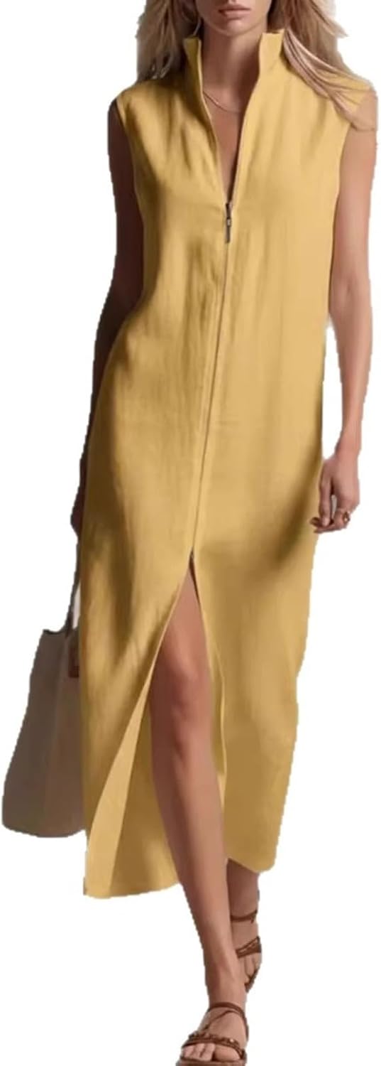 Aoleaky Women's Stand Collar Sleeveless Zip Dress, Fitted Midi Dress for Summer