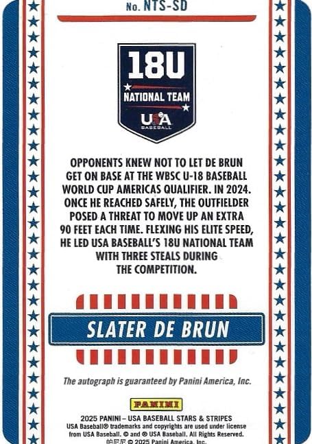 Slater De Brun Autographed 18U Development Team Auto Collectible Baseball Card - 2024 Panini USA Baseball Stars & Stripes Edition #NTS-JB (Orioles)