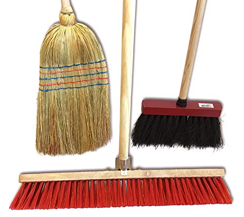 Ensemble de 3 balais de rue | Paille de riz 35 cm | Cantonnier brosse PVC 60 cm | Modèle Mickey 29 cm | Manches bois | Kibros 3LOTB2b