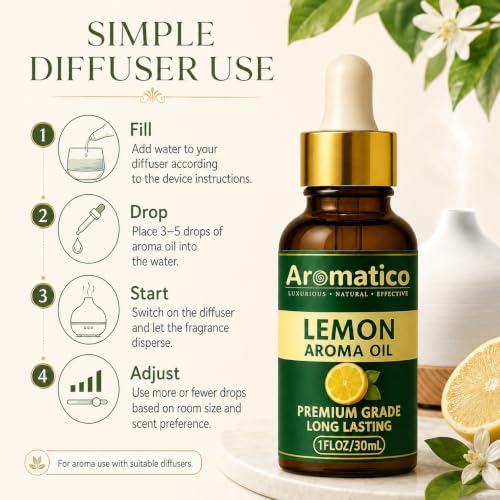 Image of AROMATICO Lemon Diffuser Oil, Premium Home Fragrance Oil for Aromatherapy, Meditation & Concentration | Versatile Use in Diffusers, Air Fresheners | 30ml