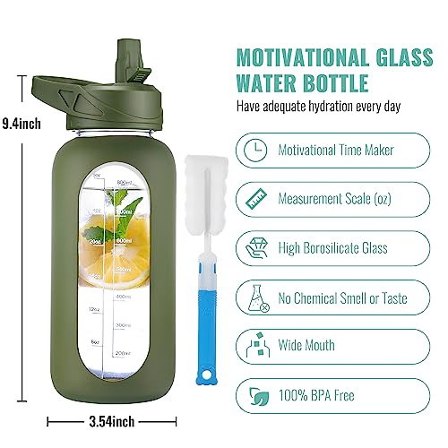 Image of CIVAGO 32 oz Glass Water Bottle with Straw and Handle, Large Sports Motivational Water Bottle Flask with Time Marker, Leakproof Water Jug Canteen with Silicone Sleeve for Gym, Army Green