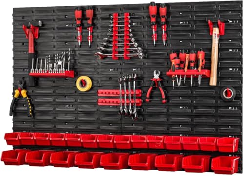 Stolmet Tool Wall with Stacking Boxes – 1152 x 780 mm (45.4 x 30.7 inches) | Workshop Storage System Wall Shelf with Perforated Tool Holders | Shed Rack Garage Organiser |24 Models| 49pcs (Model 021)