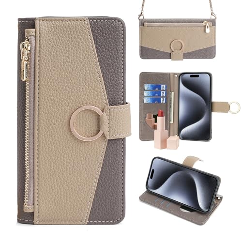 Étui rabat iPhone 13 Pro cuir gris housse portefeuille miroir chaîne zipper