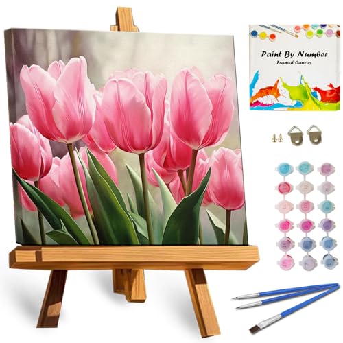 TOCARE Framed Paint by Numbers Kit for Adults Beginner, Tulip Paint by Number with Frame, Small Simple Oil Paint by Numbers Framed Canvas Flowers for Home Wall Decor (10x10 Inch, Without Easel)