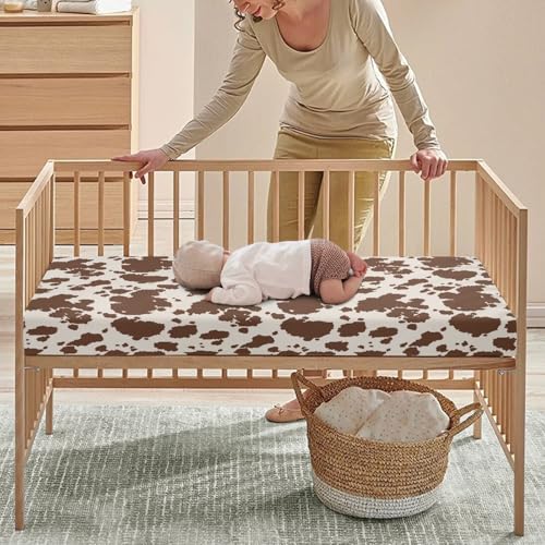 Image of Cow Print Baby Crib Sheets for Boys Girls Cowhide Print Fitted Crib Sheet for Standard Crib and Toddler Mattress Animal Skin Baby Mattress Sheets Toddler Bed Sheet 52x28x8 in