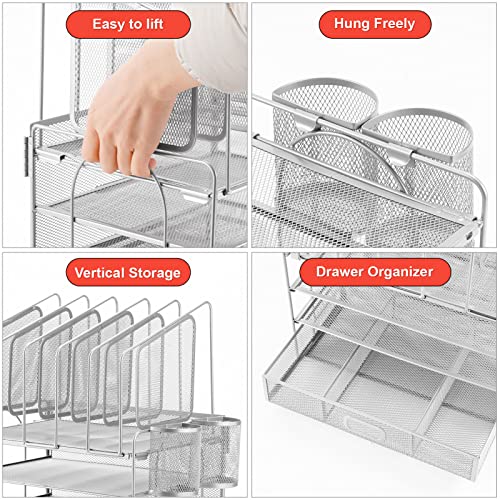 Image of Marbrasse Desk Organizers, 4-Tier Mesh Desk File Organizer with 5 Vertical File Holders and 2 Pen Holders, Multifunction Desktop Organizer,Desk Organizers and Accessories for Home Office (Silver)