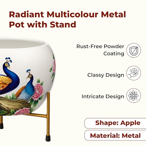 Image of Natural Earth Metal Flower Vase Planter Pot with Iron Stand | Decorative Plant Cachepot for Indoor & Outdoor Use | Succulent Pot for Home & Garden Decor (Charming Peacock)