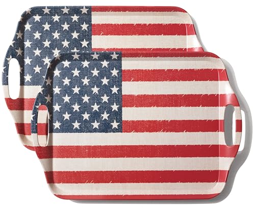 KINGEN 2-Pack Patriotic Bamboo Fiber Serving Trays - 17.3×12.2-inch Extra Large w/Handles Tray, Stars & Stripes Platters for 4th of July, Christmas, BBQ (4th of July Red White Blue Star, 17.3inch)