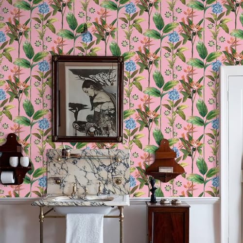 JiffDiff Tropical Jungle Pink Wallpaper Peel and Stick Boho, Floral Self Adhesive Wall Paper, Removable Flower Botanical Green Leaf Contact Paper for Bedroom Cabinet Decorative 480" X17.3" by JiffDiff - Used condition - Image 5