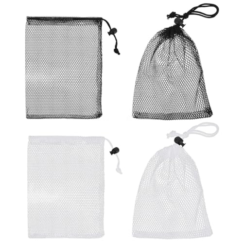 4 Piezas Bolsas Malla Nailon, Bolsas de Cordón de Malla, Bolsa de Almacenamiento Multifuncional, Bolsa de Red Duradera, Bolsas de Red de Nailon para Natación, Playa, Piscina (Blanco/Negro)