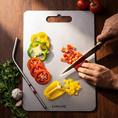 Image of 304 Stainless Steel Rectangular Chopping Board for Kitchen | with 1 Steel Straw & Anti-Skid Silicon Pad | Both Side Usable | Large | Cutting Board | 31 x 21 cm
