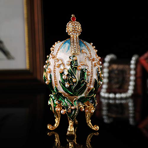 Qifu Vintage Lily Of The Valley Faberge Egg Style Enameled Collectible Figurine Pearl And Rhinestone, Unique Gift For Home Decor #TOP3