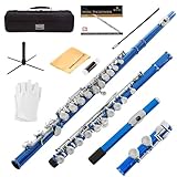 Mendini By Cecilio Flute, 16 Keys C Flute Instrument Closed Hole For Beginners with Carrying Case, Cork Grease, Stand, Lesson Book, Cleaning Kit, Gloves (Blue)