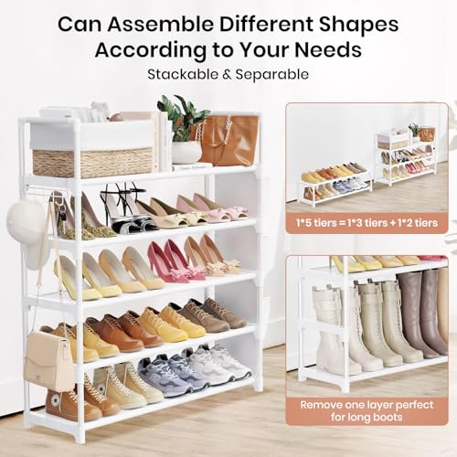 Image of VILICK Shoe Rack for Closet Shoe Organizer Space Saver Storage for 20-25 Pair Shoe Shelf with Hook and Side Pocket Free Standing 5 Tier Shoe Rack Organizer for Entryway,Small Spaces, White