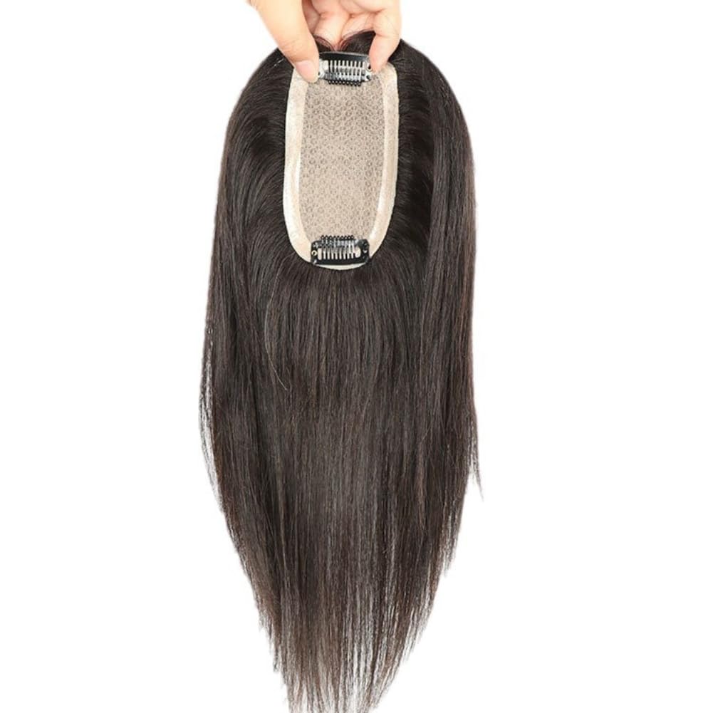 Handmade Seamless Straight hair Human Hair Topper Hairpiece Top Piece Wiglets Double handed needle hairpiece for women thin hair (Natural black,6 * 12-25cm)