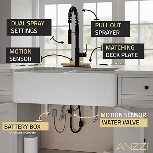 Anzzi Touchless Kitchen Faucet With Pull Down Sprayer, Motion Sensor, Hands Free, Single Handle Stainless Steel Spring Kitchen Sink Faucet, With Matching Deck Plate, Matte Black (Kf-Az303Mb) #TOP7