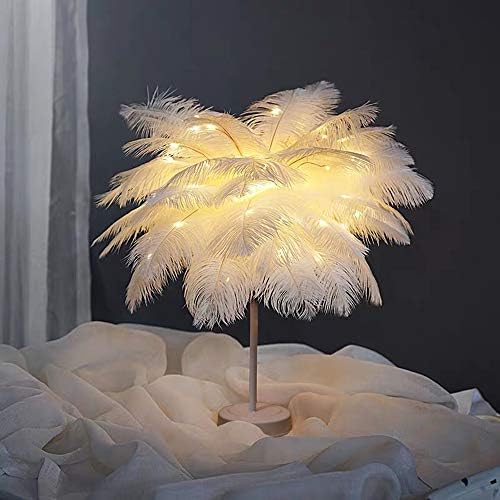 GUOCHENG Ostrich Feather Decor Night Light LED Copper String Light Signs Decorative Table Lamps with Remote Control for Nursery Girls Bedroom,USB and Battery Power (White)