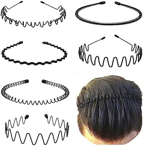 Metal Headband for Men, Non Slip Wave Hair Band, Flex Grip 6 Pcs
