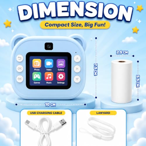 Image of Casaquin Kids Instant Print Camera, Digital Camera for Photography & Video, 2.4 inch Color Screen, Rechargeable Toy Camera with Games, Filters & 2 Paper Rolls - Colour Subject to Availability