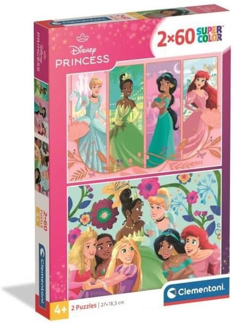 Clementoni - 24824 Children's Puzzle 2 x 60 Pieces Supercolor, for Children 4+ Years, Disney Princess Illustration, Gift Idea, Made in Italy, 27 x 19 cm, 24824